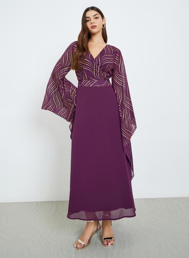Styli Women Purple Printed Bell Sleeve A-Line Maxi Dress - Image 2